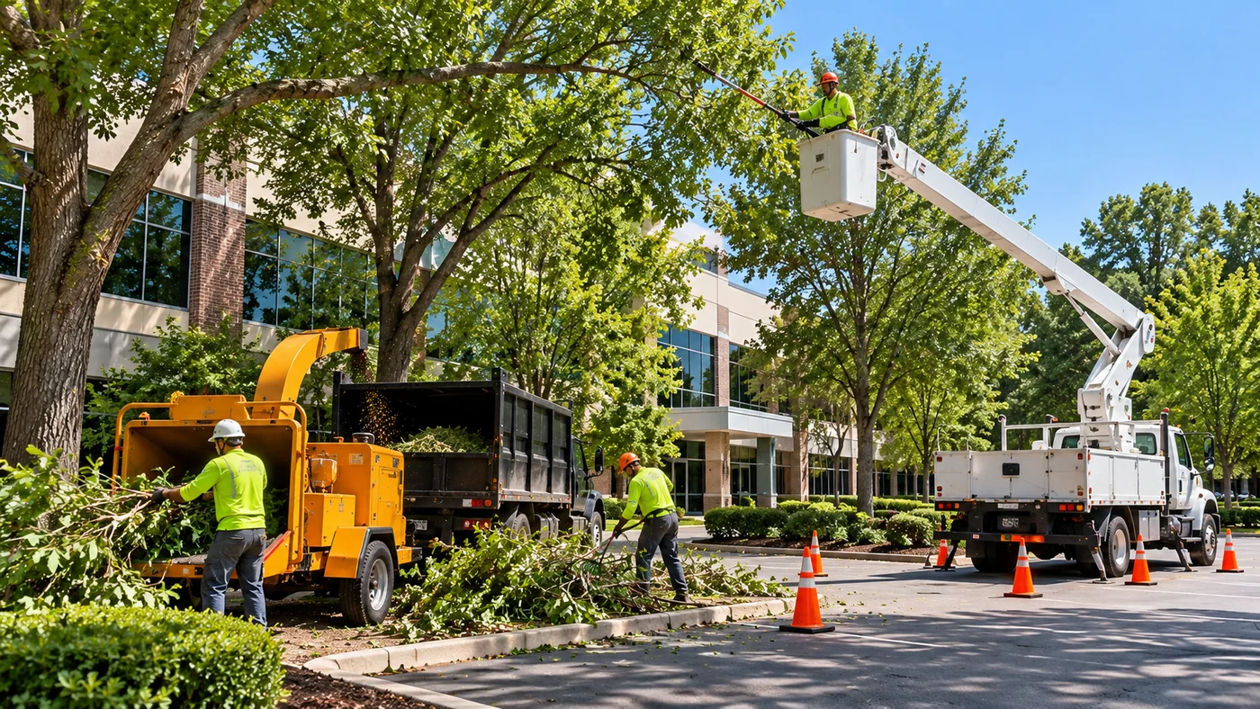Commercial tree crew working at an office property