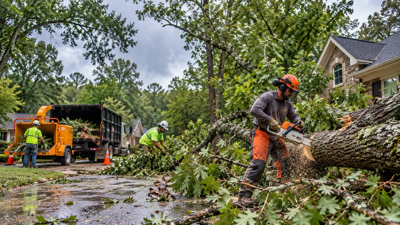 Emergency tree crew clearing a storm-damaged fallen tree
