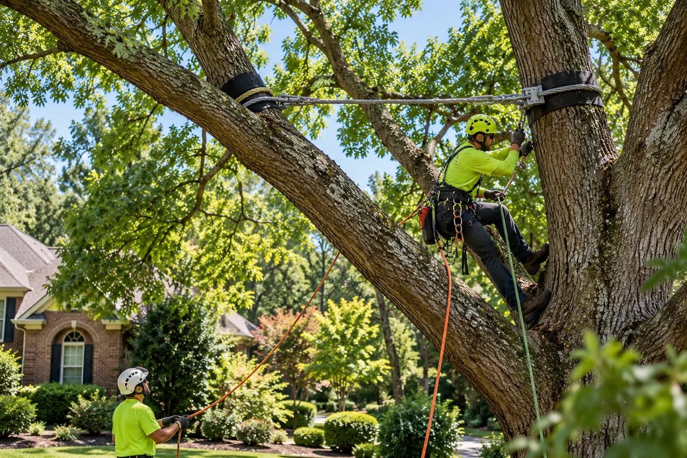Arborist installing a support cable in a mature tree