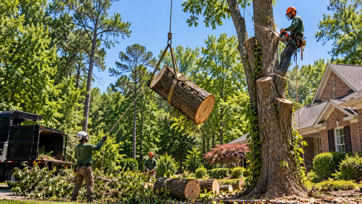 Tree removal crew lowering a section of a mature tree