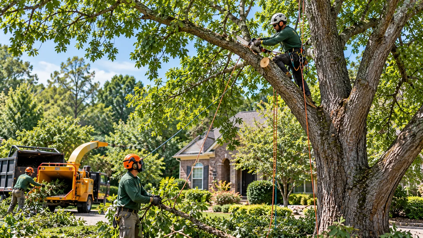 Tree trimming crew pruning a mature tree
